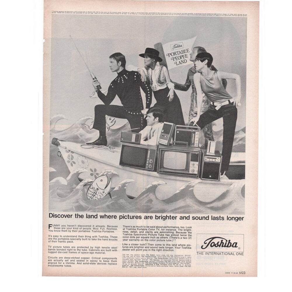Toshiba Electronics Magazine Advertisement B&W Vintage 1968 Radio Television